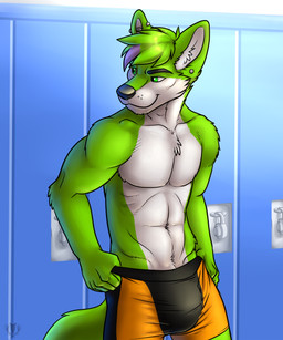 abs anthro biceps big_muscles biped black_clothing black_nose black_underwear boxer_briefs bulge chest_tuft clothed clothing clothing_pull ear_piercing fur green_body green_eyes green_fur green_hair grin hair locker locker_room male muscular muscular_anthro muscular_male orange_clothing orange_underwear pecs piercing pose skimpy smile solo standing tail topless tuft underwear underwear_pull white_body white_fur vallhound yoogain canid canine fox mammal 2013 digital_media_(artwork) half-length_portrait hi_res portrait