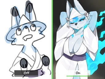 anthro asian_clothing biped black_body black_fur blue_body blue_eyes blue_fur blush bodily_fluids breasts cleavage clothed clothed_anthro clothed_female clothing countershade_torso countershading drooling east_asian_clothing eyelashes female fire front_view fur hands_behind_head japanese_clothing kimono looking_at_viewer narrowed_eyes one_eye_closed open_mouth saliva simple_background solo standing text kame_3 nvidia yuurei-chan canid canine fox mammal 2026 digital_drawing_(artwork) digital_media_(artwork) english_text hi_res