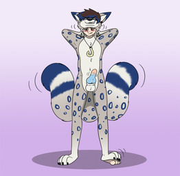 3_tails anthro balls biped bite biting_lip biting_own_lip blue_eyes blue_highlights blue_markings blue_penis blush brown_eyes chair countershade_face countershade_fur countershade_torso countershading devious_grin front_view fur furniture genitals grey_body hair hands_behind_head highlights_(coloring) human_to_anthro jewelry leopard_spots looking_down looking_down_at_self male markings motion_lines multi_tail necklace nude penis self_bite simple_background smile solo species_transformation spots standing suit_transformation tail transformation white_body white_countershading white_fur white_markings fox0808 kaito_(danny1988) felid human leopard mammal pantherine snow_leopard 2018 colored hi_res