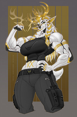 anthro belt big_breasts biped blonde_hair braided_hair breasts clothing ear_piercing eyewear female flexing flexing_bicep glasses hair looking_at_viewer machine multicolored_hair muscular muscular_female piercing round_glasses solo two_tone_hair white_hair yellow_eyes wmdiscovery93 chernobyl_odinsdottir cervine deer mammal robot digital_drawing_(artwork) digital_media_(artwork) hi_res