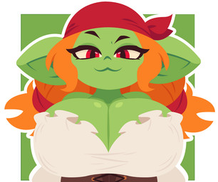 :3 big_breasts big_ears braided_hair breast_expansion breasts cleavage clothed clothing expansion eyelashes female glistening glistening_breasts green_body hair huge_breasts kerchief looking_at_viewer not_furry orange_hair outline red_eyes solo white_outline smuggoblin goblin humanoid 2026 digital_drawing_(artwork) digital_media_(artwork)