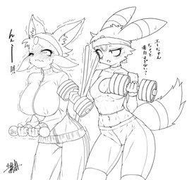 abs accessory anthro anthrofied big_breasts blush bodily_fluids breast_size_difference breasts camel_toe cleavage_cutout clothed clothing cutout dialogue dumbbell duo exercise exercise_clothing female headband midriff nipple_outline one_eye_closed pokemorph small_breasts standing struggling sweat sweatsuit text weightlifting weights workout shaolin_bones nintendo pokemon eeveelution espeon generation_2_pokemon mammal pokemon_(species) umbreon 2023 digital_media_(artwork) hi_res japanese_text line_art monochrome translation_request