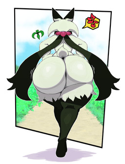 ambiguous_gender anthro big_butt bottom_heavy butt fur grass hair hands_on_hips huge_butt legs_together musical_note musical_symbol outside pathway plant rear_view short_hair short_tail solo speech_bubble symbol tail thick_thighs walking white_body white_fur white_hair wide_hips feladrine nintendo pokemon generation_9_pokemon meowscarada pokemon_(species) 2026 absurd_res hi_res pictographics