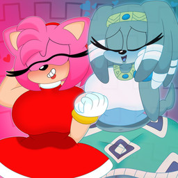 accessory anthro big_breasts blush bottomwear breasts clothed clothing crop_top crown curvy_figure dreadlocks dress duo eyelashes eyes_closed female female/female fingers fur furgonomics gloves hair hand_holding handwear headband headgear heart_symbol hourglass_figure huge_breasts lips midriff multicolored_body multicolored_fur navel pink_body pink_fur pink_hair shirt short_hair simple_background skirt smile standing tail tail_through_skirt tan_body tan_fur teeth thick_thighs tiara tongue topwear two_tone_body two_tone_fur voluptuous wide_hips 3barts sega sonic_adventure sonic_the_hedgehog_(series) amy_rose tikal_the_echidna echidna eulipotyphlan ghost hedgehog mammal monotreme spirit 1:1 2021 absurd_res digital_media_(artwork) hi_res