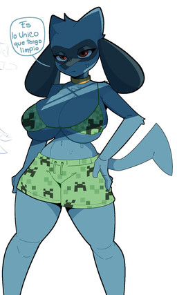 anthro big_breasts bikini bikini_top bodily_fluids boxer_briefs breasts clothing creeper_face female female_anthro looking_at_viewer navel slightly_embarassed solo sweat swimwear text two-piece_swimsuit underwear 1danielscott daniel_scott_(artist) microsoft minecraft mojang nintendo pokemon xbox_game_studios generation_4_pokemon pokemon_(species) riolu hi_res spanish_text translation_check translation_request
