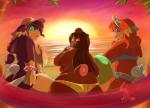 anthro big_breasts big_butt bikini blue_eyes bracelet breasts brown_body brown_hair butt clothed clothing drinking eyewear female flower green_eyes group hair hat headgear headwear huge_butt jewelry orange_body orange_hair plant pokemorph purple_body purple_hair sunglasses sunset swimwear tanned topless two-piece_swimsuit water damianvertigo nintendo pokemon melrose audino generation_1_pokemon generation_5_pokemon pokemon_(species) slowbro hi_res