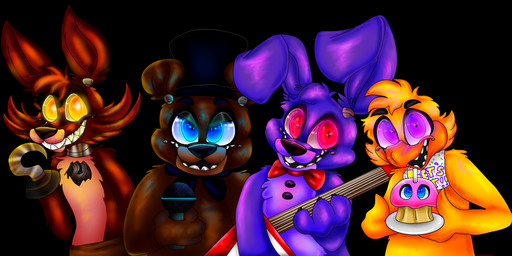 anthro bib black_background blue_eyes bow_(feature) bow_tie clothing electric_guitar electronics exposed_endoskeleton eye_patch eyewear fur glowing glowing_eyes group guitar hat headgear headwear hook hook_hand machine microphone musical_instrument pirate plucked_string_instrument purple_eyes red_eyes simple_background string_instrument top_hat yellow_eyes plaguedogs123 five_nights_at_freddy's scottgames bonnie_(fnaf) chica_(fnaf) cupcake_(fnaf) foxy_(fnaf) freddy_(fnaf) animatronic avian bear bird canid canine chicken fox galliform lagomorph leporid mammal phasianid rabbit robot robot_anthro absurd_res hi_res