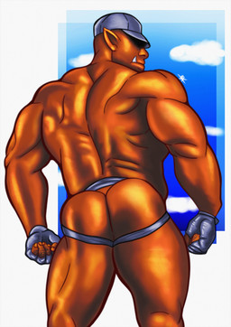 back_groove back_muscles butt clothing cloud fangs fingerless_gloves gloves handwear hat headgear headwear humanoid_pointy_ears jockstrap looking_back male muscular muscular_male pointy_ears simple_background solo teeth underwear r-n humanoid orc hi_res