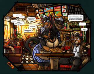 3_heads anthro black_body black_fur black_nose blue_eyes breasts brown_body brown_fur brown_hair clothing dialogue drunk eyes_closed female food fur group hair long_tail male male/female multi_head open_mouth pizza public short_tail smile substance_intoxication tail teeth text tongue yellow_eyes marumytami european_mythology greek_mythology mythology jeremy_banks_(marumytami) canid canid_demon canine canis cerberus demon domestic_dog hellhound mammal mythological_canine mythological_creature 2021 digital_media_(artwork) english_text