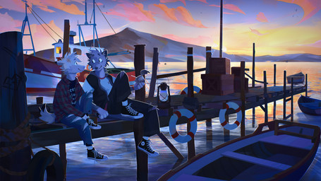 anthro boat bottomwear can clothing container denim denim_bottomwear denim_clothing detailed_background duo eye_contact flannel_shirt footwear fur holding_can holding_container holding_object jeans lamp landscape_background lantern looking_at_another male mountain pants pier shoes sitting sitting_on_ground sky sunset tail torn_bottomwear torn_clothing torn_jeans torn_pants vehicle water watercraft liossar canid canine mammal 16:9 hi_res widescreen