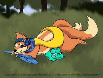 2_tails black_nose blue_body blue_eyes blue_fin blue_fins blue_skin blush duo electronics eyewear feet feral fingers fur glasses grass headphones long_tail lying male male/male multi_tail on_front orange_body orange_fur orange_tail outside plant scarf size_difference tail teeth toes tree nugget_kun nintendo pokemon flint_(flintzell) jacob_(totodileweeb18) floatzel generation_2_pokemon generation_4_pokemon pokemon_(species) totodile 2021 4:3