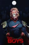 alternate_species blue_clothing city cityscape clothed clothing front_view fur furrification hair inner_ear_fluff mane mane_hair moon red_clothing red_eyes solo superhero teeth tuft lljh the_boys_(series) homelander_(the_boys) felid lion mammal pantherine 2022