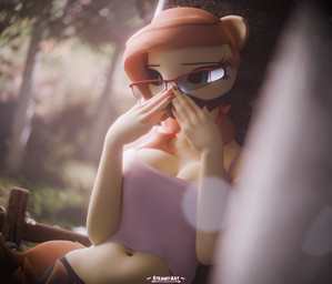 anthro biped breasts brown_hair clothed clothing eyebrows eyewear female fingers glasses hair mask mature_female navel outside solo text wearing_glasses steamyart cream_heart equid equine mammal 3d_(artwork) absurd_res digital_media_(artwork) hi_res