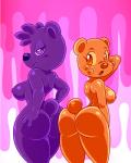 anthro breasts butt candy dessert duo fangs female food gummy_(food) gummy_bear_(food) looking_at_viewer looking_back nipples open_mouth orange_body orange_eyes purple_body purple_eyes teeth lonbluewolf bear food_creature gummy_creature living_candy mammal 2019 4:5 hi_res