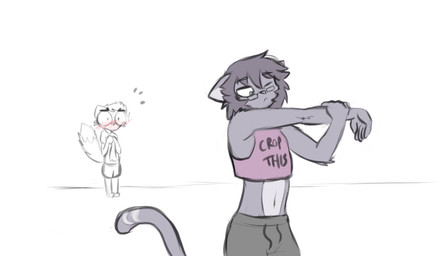 :< ambiguous_gender anthro blush blush_lines bottomwear clothed clothed_anthro clothing countershade_torso countershading crop_top duo emanata fur grey_body grey_fur grey_hair hair one_eye_closed shirt shorts simple_background stretching tail text text_on_clothing text_on_topwear topwear white_background wide_eyed taswel silvermist_(notglacier) domestic_cat felid feline felis mammal 2017 7:4 digital_drawing_(artwork) digital_media_(artwork) english_description english_text male_(lore)