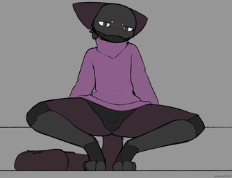 anthro bulge clothed clothing detailed_bulge fur male pose prosthetic prosthetic_arm prosthetic_limb red_body red_fur screen screen_face solo spread_legs spreading sweater topwear underwear eggnog_(artist) felid feline mammal hi_res nonbinary_(lore)