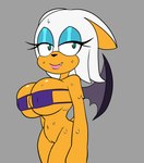 anthro bikini bikini_top bodily_fluids bottomless clothed clothing female genitals green_eyes looking_at_viewer pussy solo sweat swimwear two-piece_swimsuit wings monamania sega sonic_the_hedgehog_(series) rouge_the_bat bat mammal hi_res