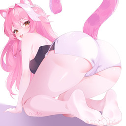 all_fours big_butt black_bra black_clothing black_underwear bottomwear bra butt camel_toe clothing feet female glistening_thighs hair highlights_(coloring) hotpants inner_ear_fluff long_hair looking_back low-angle_view pink_ears pink_hair pink_tail shadow shorts simple_background tail text thick_thighs tuft underbutt underwear white_background white_bottomwear white_clothing white_highlights white_inner_ear_fluff white_shorts yellow_eyes asunasuu hololive hololive_en vtuber raora_panthera animal_humanoid felid felid_humanoid humanoid mammal mammal_humanoid pantherine pantherine_humanoid 1:1 artist_name hi_res
