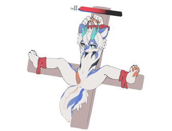 anthro bdsm blue_eyes bondage bound cross crucifixion erection gameplay_mechanics genitals hair handpaw hands_above_head hands_tied_above_head inverted_cross kemono looking_at_viewer male mouth_closed pawpads paws penis simple_background slim solo spread_legs spreading tapering_penis three-quarter_view white_hair cfsy10 mythology dragon mythological_creature mythological_scalie scalie hi_res