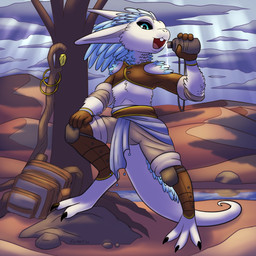 3_toes 4_fingers backpack black_claws black_sclera blue_body blue_fur bottomwear buckteeth claws clothed clothing feet fingers fur horn looking_at_viewer plant pose pouring solo tan_bottomwear tan_clothing teeth toe_claws toes tongue tree white_body white_fur furnut hybrid lagomorph leporid mammal rabbit 1:1 absurd_res hi_res