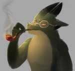 anthro eyewear glasses holding_object male smoke smoking_pipe solo rhymeofstrophe kobold scalie hi_res