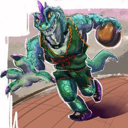 anthro ball basketball_(ball) basketball_court basketball_uniform bottomwear clothed clothing collar facial_piercing footwear green_body green_bottomwear green_clothing green_scales green_shirt green_shorts green_topwear head_spikes male mouth_piercing multicolored_claws muscular muscular_anthro muscular_male neck_piercing nose_piercing piercing purple_spikes scales shirt shoes shorts solo spikes spikes_(anatomy) sportswear studded_collar studs tail topwear uniform yellow_sclera jarred002 goat_(movie) sony_corporation sony_pictures modo_olachenko komodo_dragon lizard monitor_lizard reptile scalie 1:1 2026 digital_media_(artwork)