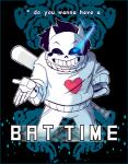 baseball_bat bat_(object) black_hair blue_eyes bone bottomwear clothing glowing glowing_eyes hair heart_symbol mask skeleton smile solo sweater text topwear assortedjellies off_(game) undertale undertale_(series) sans_(undertale) zacharie_(off) animated_skeleton undead 2016 crossover english_text