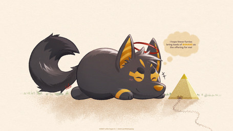 belly black_body black_fur blush chibi desert egyptian eyes_closed feral fur halo happy macro male overweight overweight_male pyramid round_body smile solo text thought_bubble littlehyper egyptian_mythology middle_eastern_mythology mythology pixile_studios super_animal_royale anubis chonk_unabis_(littlehyper) anubian_jackal canid canine canis deity jackal mammal super_anubis_(sar) super_wolf_(sar) 16:9 english_text hi_res widescreen