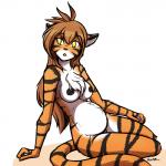 anthro belly big_belly biped breasts brown_hair chest_tuft countershading ears_up female fur hair long_hair nipples nude open_mouth orange_body orange_fur pregnant pregnant_anthro pregnant_female sitting solo stripes tail tuft white_body white_fur yellow_eyes holtz twokinds flora_(twokinds) felid keidran mammal pantherine tiger 1:1 2014 digital_media_(artwork)