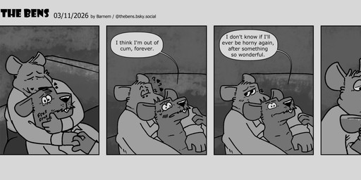 anthro clothing dialogue duo furniture hug male male/male overweight overweight_male shirt sitting sofa text topwear barnem mammal murid murine rat rodent 2026 comic english_text hi_res monochrome