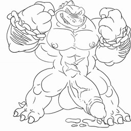abs anthro balls biceps big_balls big_muscles big_pecs big_penis biped blue_body bodily_fluids chain claws cum erection fangs genital_fluids genitals grin looking_at_viewer male messy muscular muscular_anthro muscular_male nipples nude pecs penis precum smile solo standing tail teeth wristband danandnite donkey_kong_(series) nintendo kludge crocodilian kremling reptile scalie 1:1 black_and_white monochrome sketch