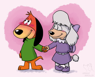 3_toes 4_fingers anthro black_ears black_nose blush blush_lines blushing_profusely bow_ribbon clothing dress duo eyes_closed feet female fingers fluffy_ears fur green_clothing hand_holding heart_symbol long_ears male male/female orange_body orange_fur purple_clothing smile sweater toes topwear white_body white_fur young young_female young_male adriano_berjillos augie_doggie_and_doggie_daddy hanna-barbera augie_doggie peggy_poodle canid canine canis dachshund domestic_dog hunting_dog mammal poodle