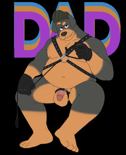 5_fingers anthro balls barefoot belly big_belly biped black_body black_fur black_hair black_nose brown_body brown_fur clothing collar daddy_kink dominant eyebrows feet fingers flaccid front_view fur genitals gloves hair handwear harness humanoid_genitalia humanoid_penis leash leather leather_clothing leather_cock_ring leather_daddy leather_gloves leather_handwear leather_harness looking_at_viewer male mature_male mullet overweight penis raised_eyebrow sitting solo whisker_spots p_rindustries will_(p_rindustries) canid canine canis dobermann domestic_dog mammal pinscher hi_res promotional_material