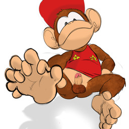 5_toes anthro balls barefoot bottomless brown_body brown_fur clothed clothing conjoined_eyes erection feet fur genitals hat headgear headwear hindpaw humanoid_genitalia humanoid_penis male paws penis prehensile_feet simple_background smile soles solo toes young young_anthro young_male jerseydevil donkey_kong_(series) nintendo diddy_kong haplorhine mammal monkey primate 1:1 colored hi_res sketch