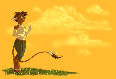 accessory anthro armwear barefoot biped bow_(feature) bow_accessory bow_ribbon clothed clothing dandelion dandelion_clock elbow_gloves feet female flower front_view fully_clothed furgonomics gloves halter_top handwear hooves locket meadow outside plant ribbons seed simple_background sky skyscape solo standing sunset tail tail_accessory tail_bow tail_ribbon tail_tuft three-quarter_view tuft wind yellow_background ashley_green bovid caprine goat mammal digital_media_(artwork) full-length_portrait portrait warm_colors yellow_theme