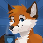 1:1 2019 anthro beverage biped black_nose blue_background blue_eyes brown_body brown_ears brown_fur brown_hair bust_portrait canid canine cheek_tuft chest_tuft coffee coffee_mug eyebrows facial_tuft feve fox fur furrybot hair heart_symbol icon inner_ear_fluff looking_at_viewer male mammal multicolored_body multicolored_fur portrait simple_background smile solo steam tuft white_body white_fur white_inner_ear