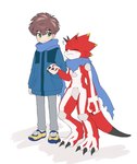 anthro blush brown_hair claws clothing codpiece duo eyes_closed green_eyes hair hand_holding jacket male red_body scarf topwear moch_ka_327 bandai_namco digimon digimon_ghost_game hiro_amanokawa betelgammamon digimon_(species) human mammal scalie hi_res