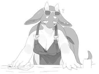 4_fingers anthro apron apron_only big_breasts breasts butt claws cleaning_rag cleavage clothed clothing container counter cup curled_tail ear_piercing ear_ring female finger_claws fingers floppy_ears grey_body hairless half-closed_eyes horn huge_breasts kemono leaning leaning_forward mouth_closed multicolored_body narrowed_eyes non-mammal_breasts piercing pupils question_mark rag ring_piercing simple_background slit_pupils snout solo tail thick_tail thick_thighs triangle_eyebrows white_background white_body wide_hips kame_3 mythology latte_(sme4) dragon mythological_creature mythological_scalie scalie 2025 hi_res monochrome widescreen
