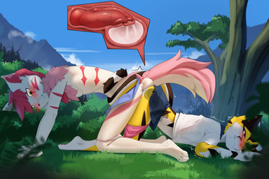 2_penises andromorph andromorph/male andromorph_penetrated animal_genitalia animal_penis anthro anthro_on_anthro anthro_penetrated anthro_penetrating anthro_penetrating_anthro blush bodily_fluids bottomwear canine_genitalia canine_penis clothing cum cum_in_uterus cum_inside ejaculation fur genital_fluids genitals intersex intersex/male intersex_penetrated knot knotting male male_penetrating male_penetrating_andromorph male_penetrating_intersex markings multi_genitalia multi_penis multicolored_body penetration penis red_markings sex shirt skirt tail tail_wrapped_around_body topwear uterus vaginal vaginal_penetration white_body white_fur yellow_body yellow_fur steel_cat steel_cat_(character) canid canine domestic_cat felid feline felis fox mammal 3:2 hi_res story story_in_description