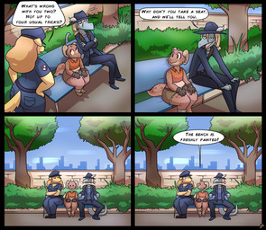 ankle_cuffs anthro bench blonde_hair bottomwear brown_body clothing crossed_arms cuff_(restraint) dialogue exclamation_point female gloves grey_body group hair half-closed_eyes hand_on_hip handwear hat headgear headwear horn jacket male narrowed_eyes open_mouth pants plant prank question_mark restraints shirt shorts sitting smile speech_bubble tail text thick_thighs topwear tree trio yellow_body potoobrigham mythology amelia_steelheart piko_(simplifypm) pseftis_savra canid canine canis domestic_dog dragon kobold mammal mythological_creature mythological_scalie reptile scalie 2022 absurd_res digital_media_(artwork) english_text hi_res