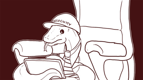 alternate_species chair clothing electronics feral feralized furniture hat headgear headwear male necktie security security_guard solo tablet tablet_computer tongue tongue_out crisis-omega five_nights_at_freddy's scottgames mike_schmidt reptile scalie snake