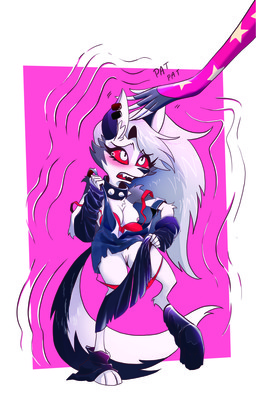 blush bra clothed clothing collar embarrassed female headpat oversized_clothing panties panties_down partially_clothed scared short_stackification shrinking size_transformation solo transformation underwear underwear_down wardrobe_malfunction luxlor hellaverse helluva_boss mythology loona_(helluva_boss) octavia_(helluva_boss) canid canid_demon canine demon hellhound mammal mythological_canine mythological_creature absurd_res hi_res