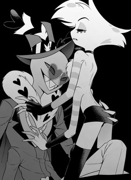 anthro black_background chest_tuft clothing duo eyewear glasses hat headgear headwear heart_glasses male sharp_teeth simple_background teeth tuft enaic31 hazbin_hotel hellaverse angel_dust valentino_(hazbin_hotel) arachnid arthropod demon insect lepidopteran moth spider absurd_res hi_res monochrome