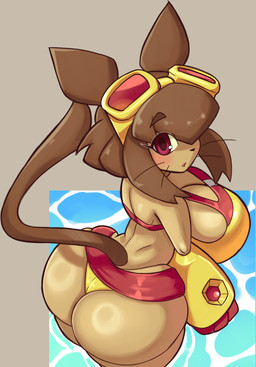 anthro big_breasts bikini_thong blush bra breasts bubble_butt butt clothed clothing female huge_breasts looking_at_viewer solo standing swimwear tail underwear water ichduhernz gameoverse glitch_productions kit_bodega domestic_cat felid feline felis mammal 2026 hi_res