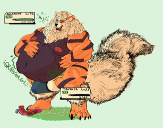 abdominal_bulge anthro anthro_pred belly big_belly black_body black_fur bodily_fluids bulge clothing erection fur gameplay_mechanics genital_fluids genitals gui hand_on_belly health_bar hiccuping human_prey leaking_precum male male_pred mane muscular muscular_male nipples oral_vore orange_body orange_fur penis penis_peek precum precum_stain rumbling_stomach same_size_vore sharp_teeth solo striped_body striped_fur stripes struggling struggling_prey teeth tongue tongue_out underwear user_interface vore halftonhalfshell nintendo pokemon arcanine generation_1_pokemon human mammal pokemon_(species) digital_media_(artwork) hi_res