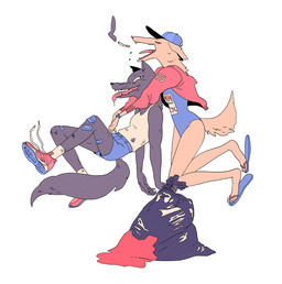 anthro bag band-aid band-aid_on_leg bandage bodily_fluids cigarette clock clothed clothing duo eyes_closed female flying footwear grin happy hat headgear headwear hug hugging_another hugging_from_behind levitating looking_back male open_mouth partially_clothed romantic romantic_couple saliva sandals shoes simple_background skimpy smile smoke smoking tongue tongue_out trash watch wristwatch choodraws canid canine canis mammal wolf digital_media_(artwork)
