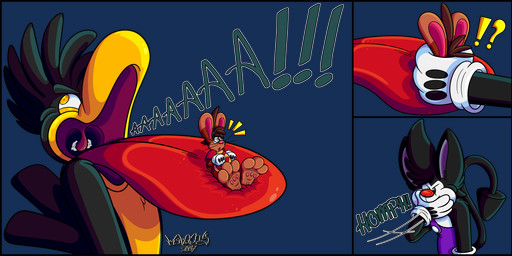3_toes 4_fingers anthro beak big_feet big_tongue cartoon_gloves cartoon_physics cheek_bulge clothing extreme_size_difference eyewear feet fingers glasses group long_tongue macro male male/male mawplay micro open_beak open_mouth overalls pawpads paws red_tongue shirt size_difference slapstick slapstick_humor soft_vore soles thick_tongue toes tongue toony topwear trio uvula vore wearing_glasses whiskers wide_tongue marquis2007 herman_(marquis2007) roderick_(tamerkoh) zak_(marquis2007) avian bird corvid corvus_(genus) crow imp lagomorph leporid mammal oscine passerine rabbit absurd_res alpha_channel hi_res multiple_scenes