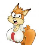 angry anthro bent_over big_breasts bottomless breasts cleavage clothed clothing crossgender exclamation_point female huge_breasts nipple_outline shirt simple_background solo topwear wide_hips daredemon7000 popon13 third-party_edit bubsy_(series) bubsy felid feline lynx mammal monochrome