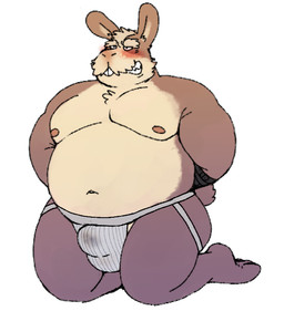 anthro arms_tied bdsm belly big_belly biped blush bondage bound buckteeth bulge clothed clothing embarrassed fur jockstrap kneeling male mature_anthro mature_male nipples overweight overweight_anthro overweight_male simple_background solo submissive submissive_male teeth topless underwear uniform white_background hyenaface nintendo star_fox peppy_hare lagomorph leporid mammal rabbit 2022 digital_media_(artwork)