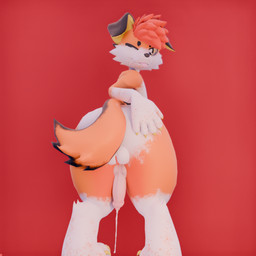 animal_genitalia animal_penis anthro ball_tuft balls bodily_fluids body_hair butt canine_genitalia canine_penis cum cumshot digitigrade ejaculation erection fingers fluffy fluffy_hair fur genital_fluids genitals hair knot looking_at_viewer male multicolored_body nude orange_body penis simple_background solo tail tuft white_body vibincane9 cane9 canid canine canis mammal regulus_(species) 1:1 3d_(artwork) colored digital_media_(artwork)
